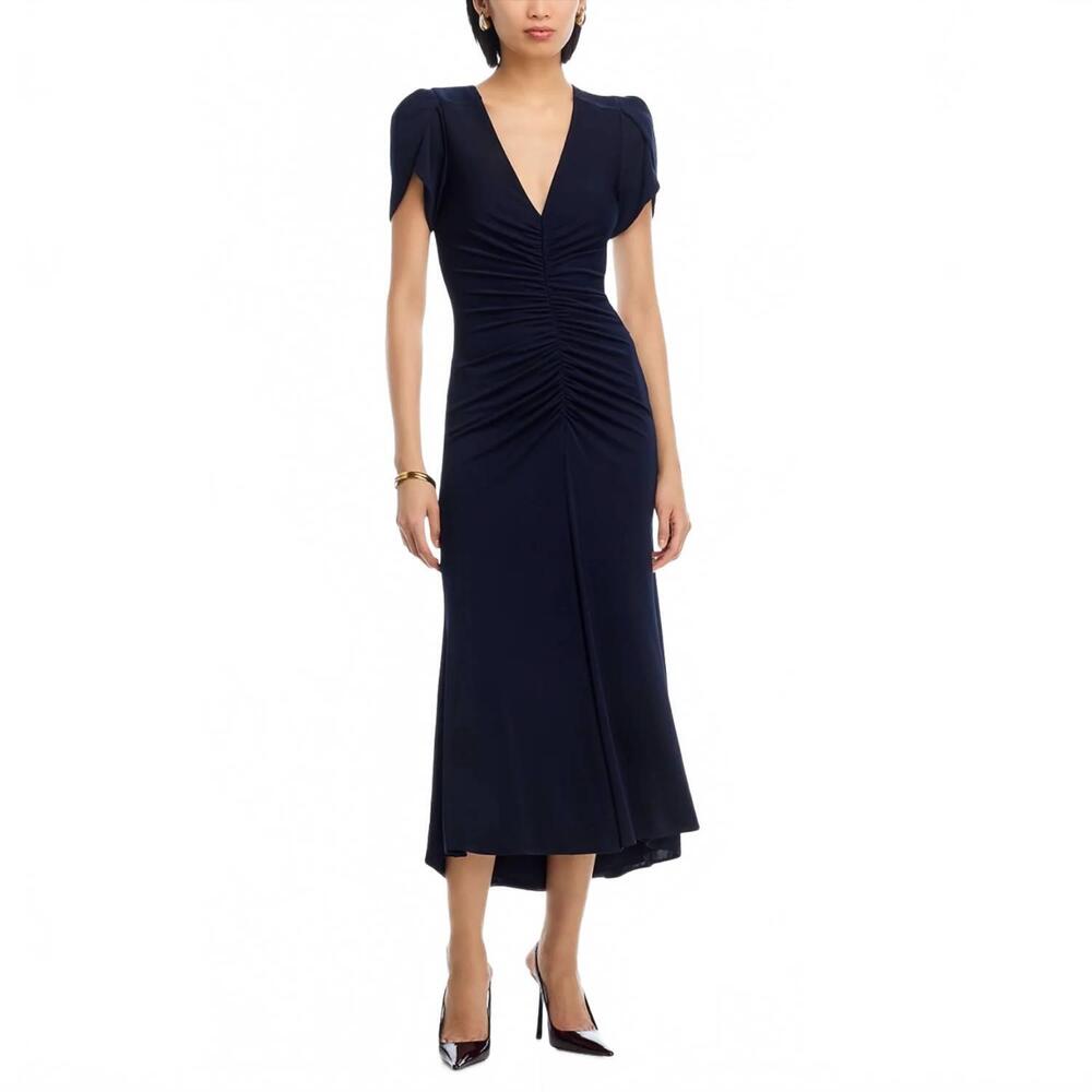 NEW CINQ A SEPT women's aviva gathered tulip-sleeve midi dress in navy